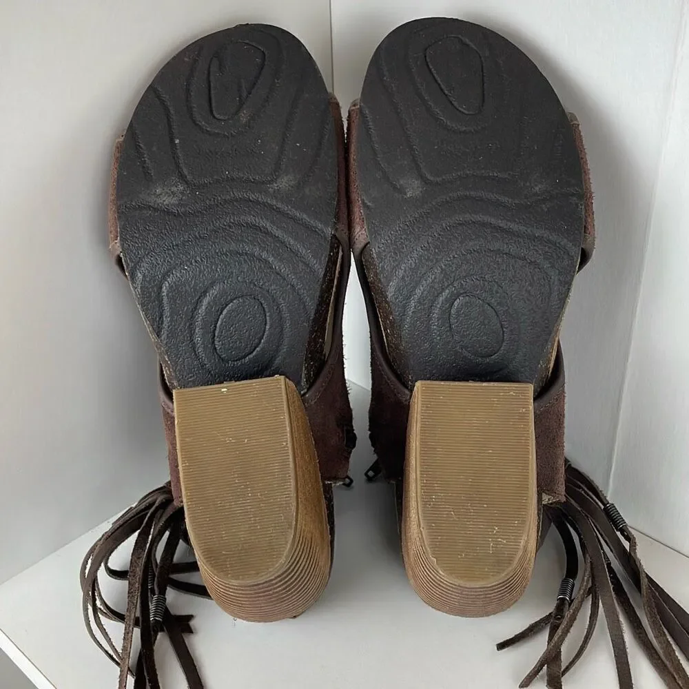 OTBT Free Spirit Chocolate Brown Suede Fringe Trim Slingback Sandals 9